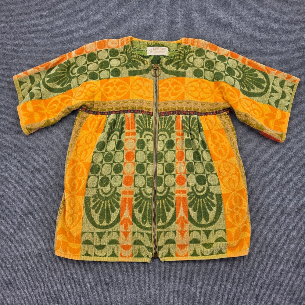 Vintage Royal Terry International Japan Cotton Zip Front Robe Orange Green 70s